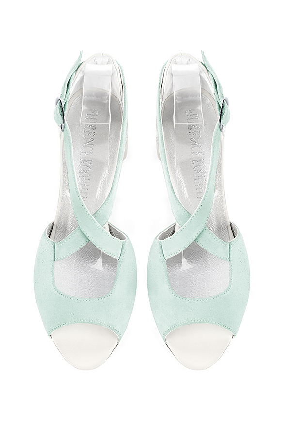 Women's aquamarine blue and off white elegant sandals closed at the back with crossed straps. Round toe. Low flare heels - Top view
